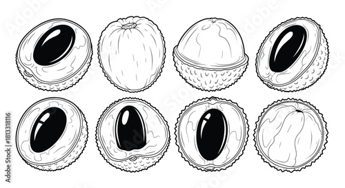 Set of eight lychee fruits isolated on white background