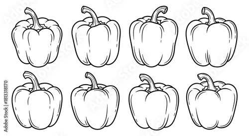 Hand drawn bell peppers isolated on white background in a row outline