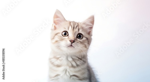 A cute kitten facing the camera with a clean white studio background, soft shadows, minimalistic high-resolution pet portrait