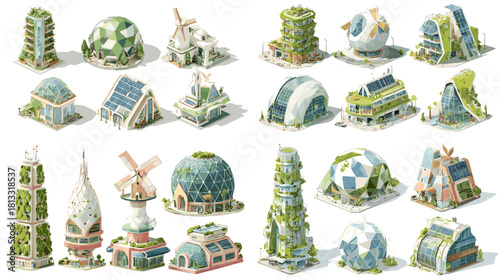 A creative collection of eco futuristic buildings featuring green towers, biodomes, solar roofs, and sustainable architecture covered with plants and clean energy elements.