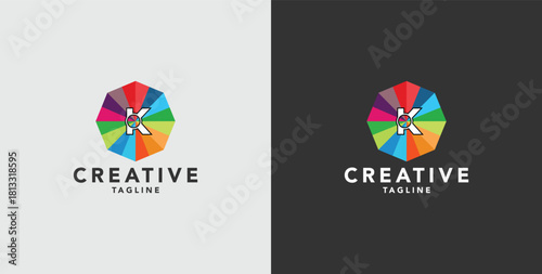 Digital colorful abstract icons, elements and symbols with initial K logo, template