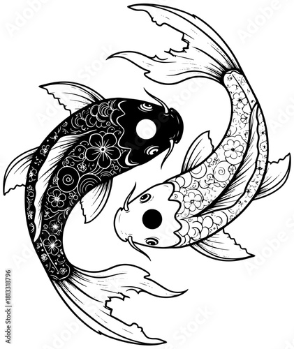Intricate black and white Koi fish illustration, yin and yang symbol of harmony