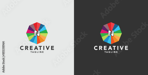 Digital colorful abstract icons, elements and symbols with initial N logo, template