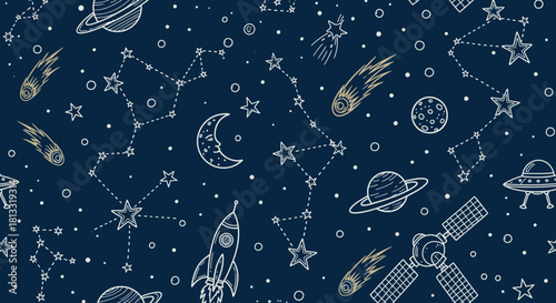Space themed background pattern with stars planets and rockets for kids and children design decor art