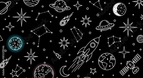 Seamless space pattern background with planets stars rocket ufo and constellations vector design