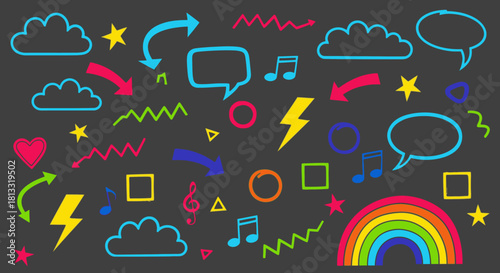 Colorful doodles background with rainbow clouds music notes and speech bubbles vector illustration