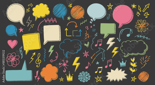 Colorful doodle elements vector illustration with speech bubbles and hand drawn design assets