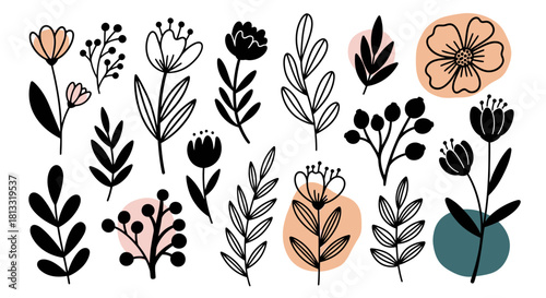 Vector floral design elements for spring wedding invitations and botanical illustrations set 100