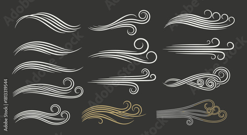 Vector wind swirls graphic elements design set flowing air currents decorative line art illustrations