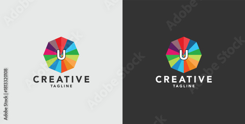 Digital colorful abstract icons, elements and symbols with initial U logo, template