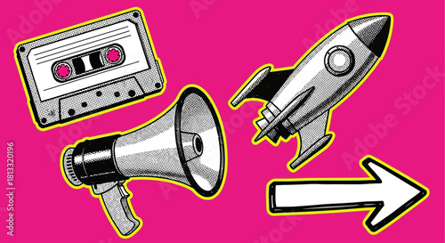 Retro Tech Launch: Cassette, Megaphone, Rocket, Arrow on Fuchsia