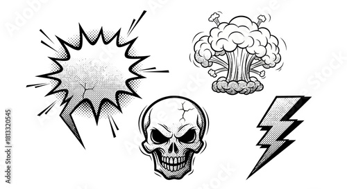 Comic Book Elements: Skull, Explosion, Speech Bubble, Lightning
