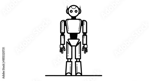 A simple black and white line drawing of a humanoid robot standing upright on a white background.