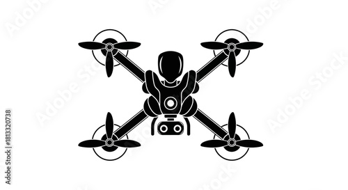 Black and white illustration of a drone with four propellers, ready for flight.