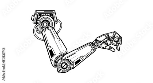 Detailed line art illustration of a robotic arm with intricate mechanical details and a futuristic design.
