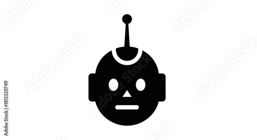 Simple black icon of a robot head with an antenna on a plain white background.