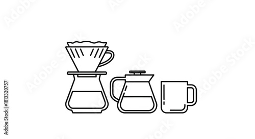 A minimalist line drawing depicts a pour-over coffee setup, including a dripper, carafe, and mug.