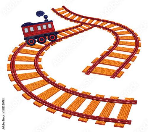 Whimsical toy train on winding tracks, perfect for children's stories, playroom decor, and playful learning materials for early childhood development