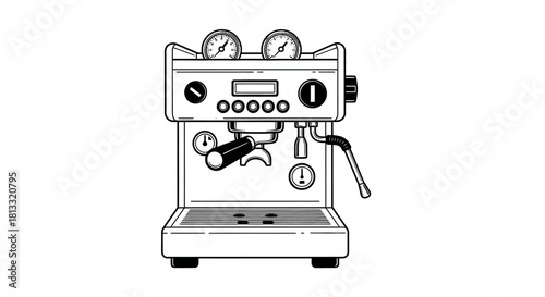 Detailed black and white illustration of a professional espresso machine with two pressure gauges and a portafilter.