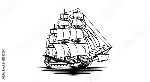A detailed black and white illustration of a majestic tall ship sailing on the water.
