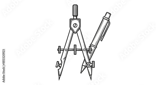 Black and white illustration of a drawing compass with a pencil, a classic geometric drafting tool.
