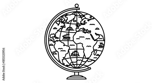 Black and white line drawing of a globe with continents and oceans.