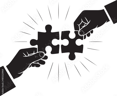 Two hands connecting puzzle pieces in a collaborative effort
