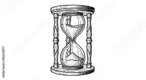 A detailed sketch of an antique hourglass with sand flowing from the top bulb to the bottom bulb.