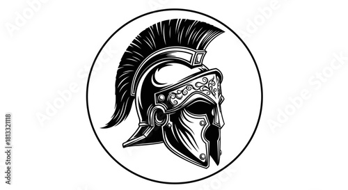 Black and white illustration of a spartan helmet in a circle.