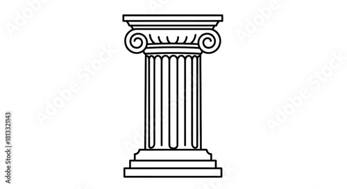 Detailed line art illustration of a classical Ionic column with fluted shaft and volute capital on a base, representing ancient architecture.