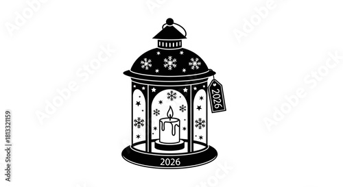 A black and white illustration of a festive lantern with a lit candle, snowflakes, and the year 2026.