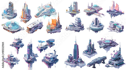 A detailed collection of floating futuristic city buildings featuring advanced towers, platforms, sci fi structures, and imaginative high tech architecture in a colorful urban style.