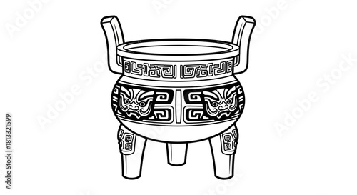 A stylized black and white line drawing of an ornate Egyptian scarab beetle.