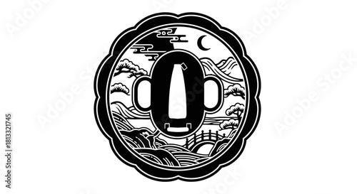 A stylized black and white line drawing of an ornate Egyptian scarab beetle.