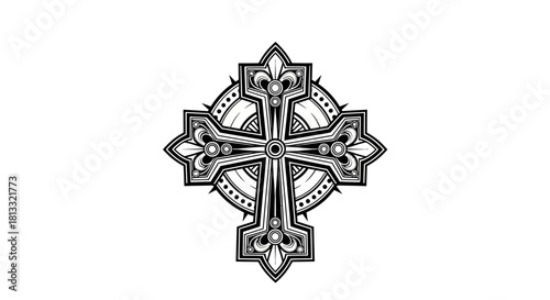 A stylized black and white line drawing of an ornate Egyptian scarab beetle.