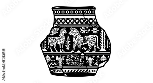 A stylized black and white line drawing of an ornate Egyptian scarab beetle.