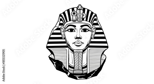 A stylized black and white line drawing of an ornate Egyptian scarab beetle.