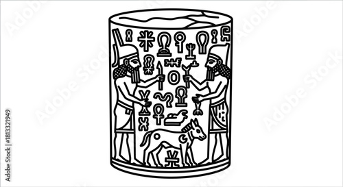 A stylized black and white line drawing of an ornate Egyptian scarab beetle.