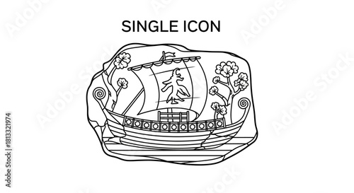 A stylized black and white line drawing of an ornate Egyptian scarab beetle.