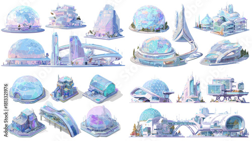 A vibrant collection of futuristic dome structures and sci fi buildings featuring advanced architecture, glowing surfaces, and imaginative high tech habitats in a colorful concept style.