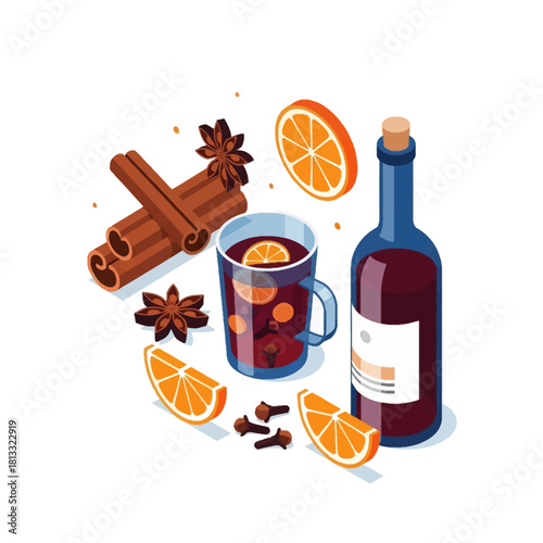 Isometric illustration of mulled wine ingredients and a glass of the hot spiced drink, featuring red wine bottle, cinnamon, star anise, oranges, and cloves.