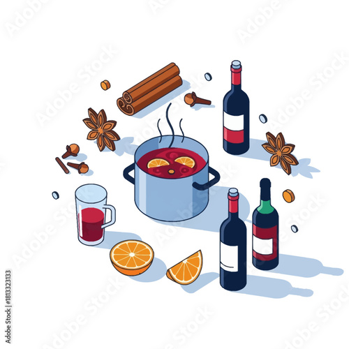 Isometric illustration of mulled wine in a pot with oranges, cinnamon, star anise, cloves, and wine bottles.