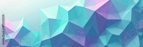 Abstract geometric illustration showcases a dynamic low poly composition featuring a gradient of vibrant blues, teals, and pinks, creating a sense of depth and three-dimensionality with a smooth,...