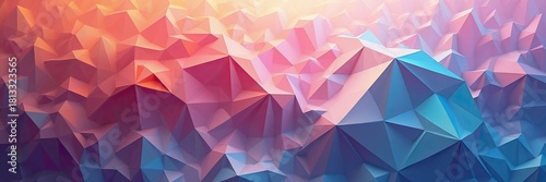 Geometric low poly abstract landscape, featuring textured, polygonal shapes with gradients of colors, including warm tones, pinks, blues, and purples, depicting a digital terrain.