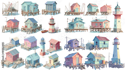 A charming collection of coastal house and lighthouse illustrations featuring wooden cabins, docks, piers, and seaside architecture in a soft pastel maritime style.