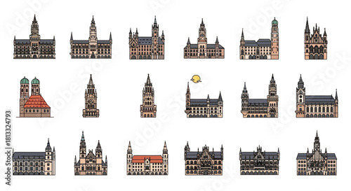 Pixel art collection of various buildings, showcasing architectural diversity and design in a retro style.
