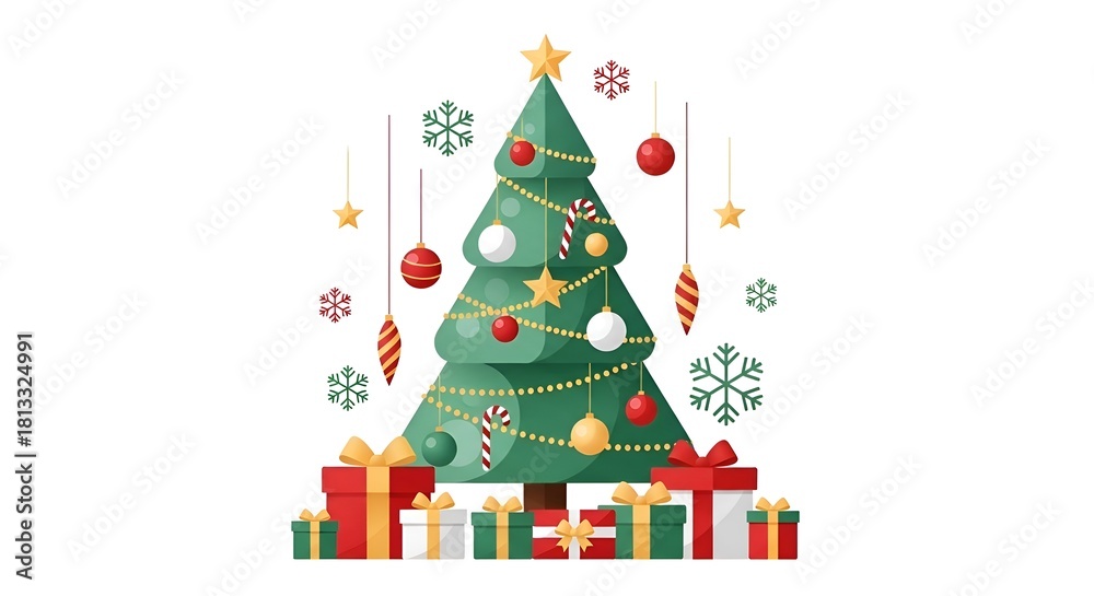Naklejka premium Magical Christmas Celebration: A Heartwarming Holiday Scene Filled with Sparkling Ornaments, Colorful Gifts, and the Joy of the Seaso