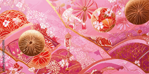 벚꽃과 전통 문양으로 장식된 화려한 분홍색 배경은 동양의 아름다움을 현대적인 감각으로 표현합니다.