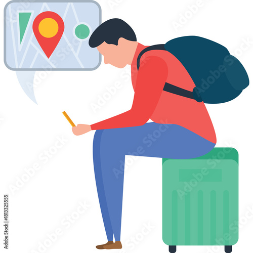 Man Sitting With Backpack And Suitcase Looking At Phone With Map Navigation Icon Overhead In Flat Design Style