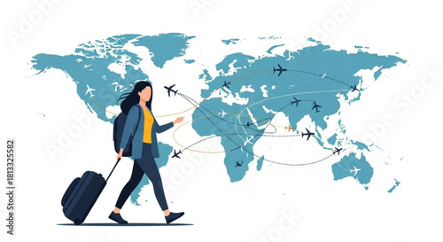 Plan your next adventure with a global traveler, explore the world with exciting destinations and travel routes showcased against a vibrant world map